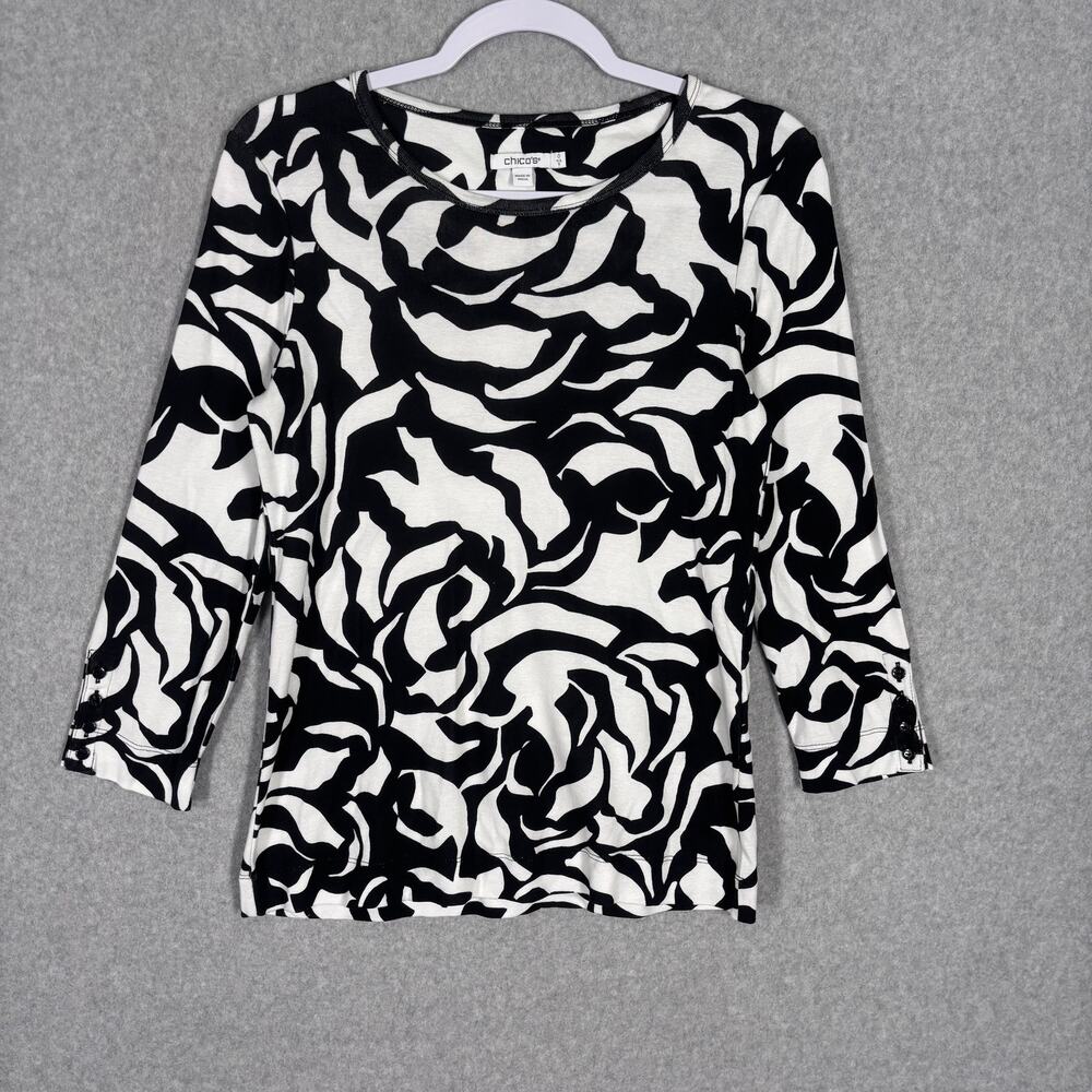 Chicos Pima Cotton Top Small Abstract Floral Knit Stretch Artsy Casual‎ Comfort